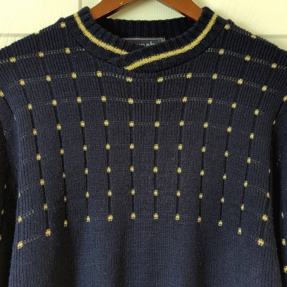 Barnaby 80's Vintage Funky Ribbed & Dotted Yoke Knit Crewneck Sweater Navy Large - Picture 2 of 7